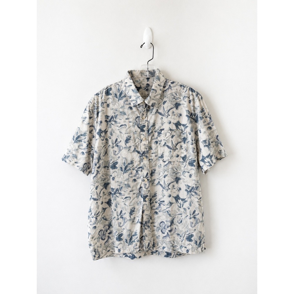 Mutual Weave Mens L Floral Shirt Blue White Botanical Coastal Short Sleeve
